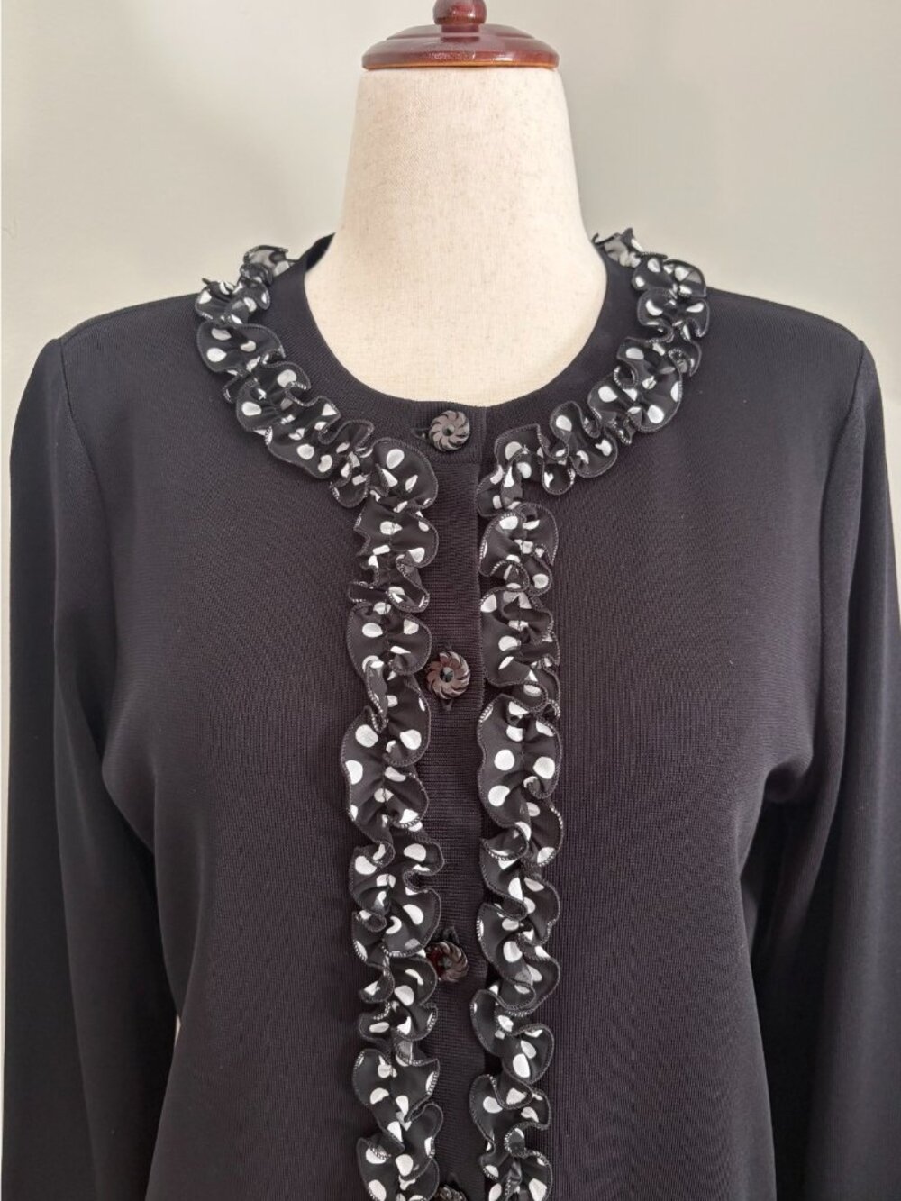 Misook Black Polka Dot Ruffle Trim Cardigan Sweater Women’s Size M Career